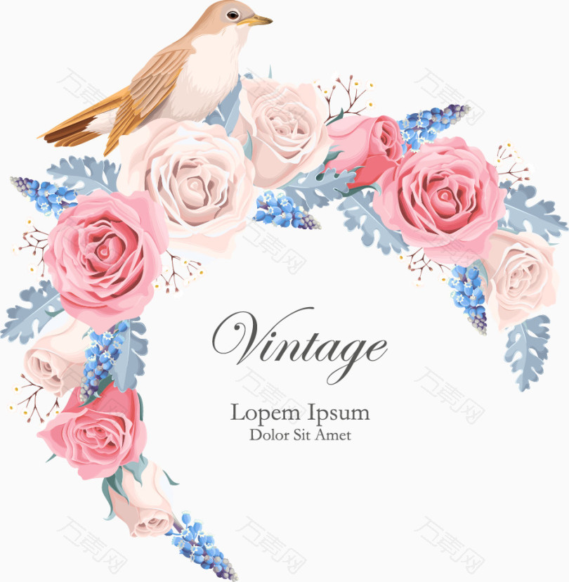 小鸟粉色花卉婚礼标签