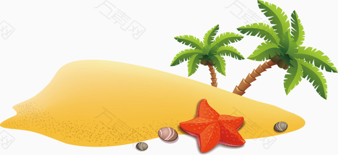 沙滩椰树海星贝壳手绘卡通