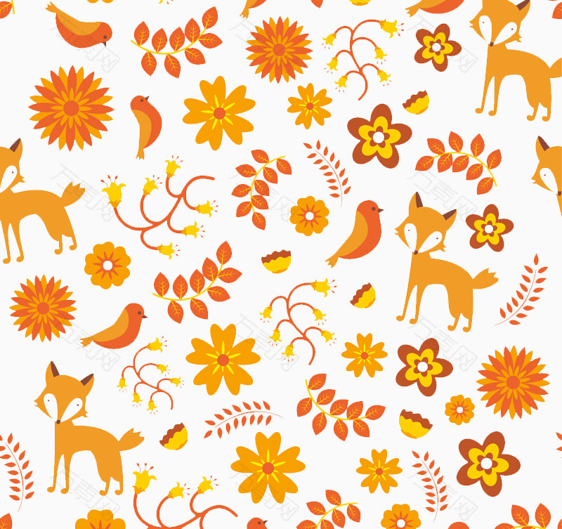 彩色狐狸和树叶无缝背景矢量图