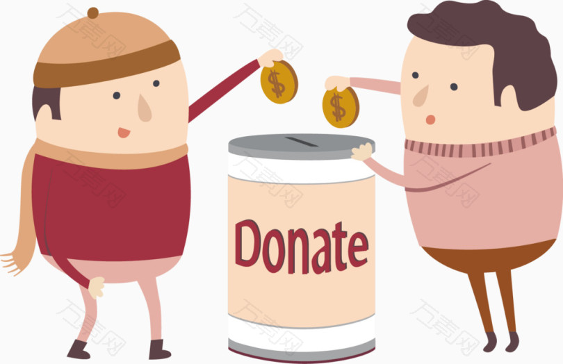 矢量手绘两个卡通小人往存钱罐里放硬币