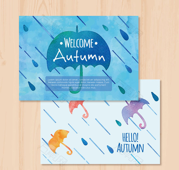 彩绘秋季雨伞卡片